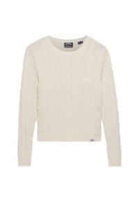 Roomkleurige kabelgebreide trui met een ronde hals, geribbelde manchetten en zoom, met een klein logo aan de voorkant links.