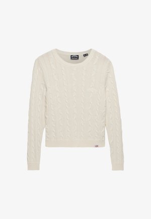 Roomkleurige kabelgebreide trui met een ronde hals, geribbelde manchetten en zoom, met een klein logo aan de voorkant links.