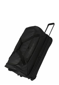 Zwarte rolduffeltas met een rechthoekige vorm, gemaakt van duurzaam stof, voorzien van twee handvaten, een uitschuifbare handgreep en wielen.