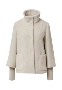 Beige, gewatteerde fleece jas met een hoge kraag, twee voorzakken en ribgebreide manchetten. Heeft een boxy ontwerp en een subtiel visgraatpatroon.