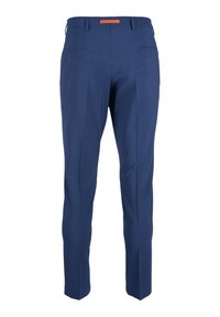 Navyblaue Hose mit maßgeschneiderter Passform, featuring einer glatten Textur, zwei Gesäßtaschen und einem sichtbaren orangenen Markenetikett am Bund.