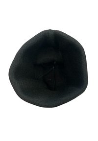 Black knitted beanie, soft texture, rounded shape, interior view showing stitching and elastic band, suitable for cold weather.