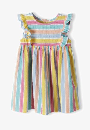 Csíkos nyári ruha pasztell színekben (kék, rózsaszín, sárga, zöld), fodros vállrész kiemelésekkel és redőzött szoknyával. Pamut anyag.