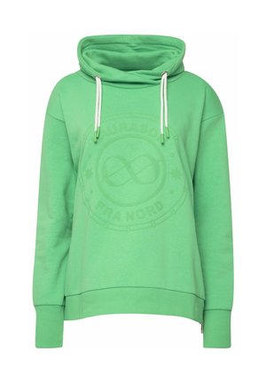 Felpa verde realizzata in materiale morbido, con un grande logo in rilievo, cappuccio con cordino e polsini e orlo a coste.