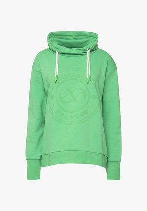 Felpa verde realizzata in materiale morbido, con un grande logo in rilievo, cappuccio con cordino e polsini e orlo a coste.