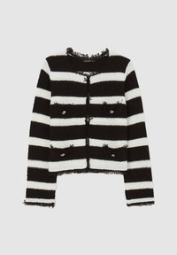 Cardigan a righe bianco e nero con lavorazione a maglia testurizzata, di lunghezza corta, con bordi sfrangiati e due tasche decorative con rifiniture metalliche.