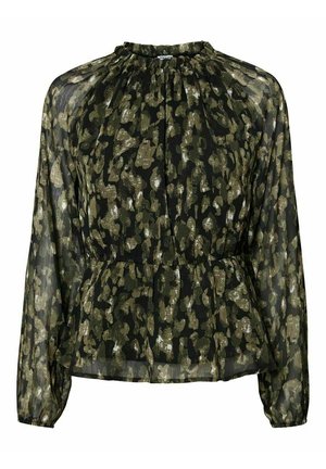 Czarna i oliwkowozielona bluzka w kwiatowy wzór z wysokim dekoltem, długimi przezroczystymi rękawami oraz taliowaniem w pasie. Lekka, teksturowana tkanina.