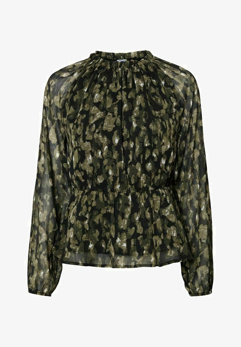 Blouse noire et verte olive à motif floral avec un col montant, des manches longues translucides et une taille cintrée. Tissu léger et texturé.