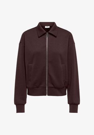 Bordeauxrode sweatvest met rits en kraag, zachte textuur, steekzakken aan de voorkant, en elastische boorden en zoom. Glad, minimalistisch ontwerp.