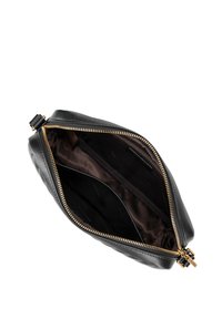 Black leather pouch with gold-tone zipper. Interior features a smooth brown lining with several compartments for organization. Compact design.