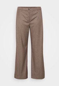 Brown wide-leg trousers made from a textured fabric, featuring a single front button and belt loops for adjustable fit.