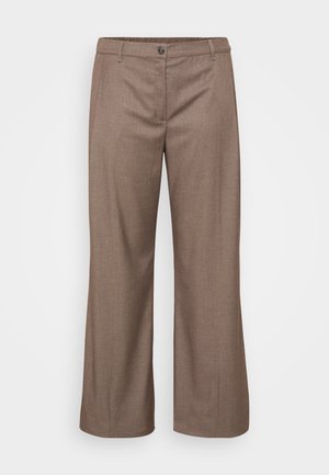Brown wide-leg trousers made from a textured fabric, featuring a single front button and belt loops for adjustable fit.