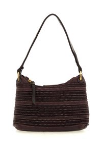 Borsa a spalla in pelle marrone scuro con strisce cucite orizzontali, hardware dorato e una sola tracolla, aperta nella parte superiore.