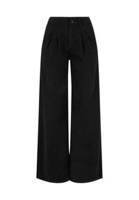 Pantalones negros de tiro alto y pierna ancha con pliegues delanteros, cierre de botones y trabillas para cinturón, mostrados sobre un fondo blanco.