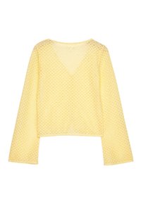 Gelbes, kurzes Oberteil mit langen Ärmeln, das einen V-Ausschnitt und ein strukturiertes, offenes Strickmuster aufweist. Das Design ist leicht und atmungsaktiv.