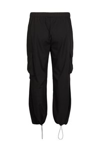 Black cargo pants made of lightweight fabric, featuring two side pockets and elastic cuffs with drawstrings at the hem.