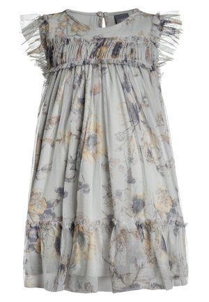 Lys grå blomsterkjole uden ærmer med flæser af tyl på skuldrene og kanten, samt smocket liv til piger.