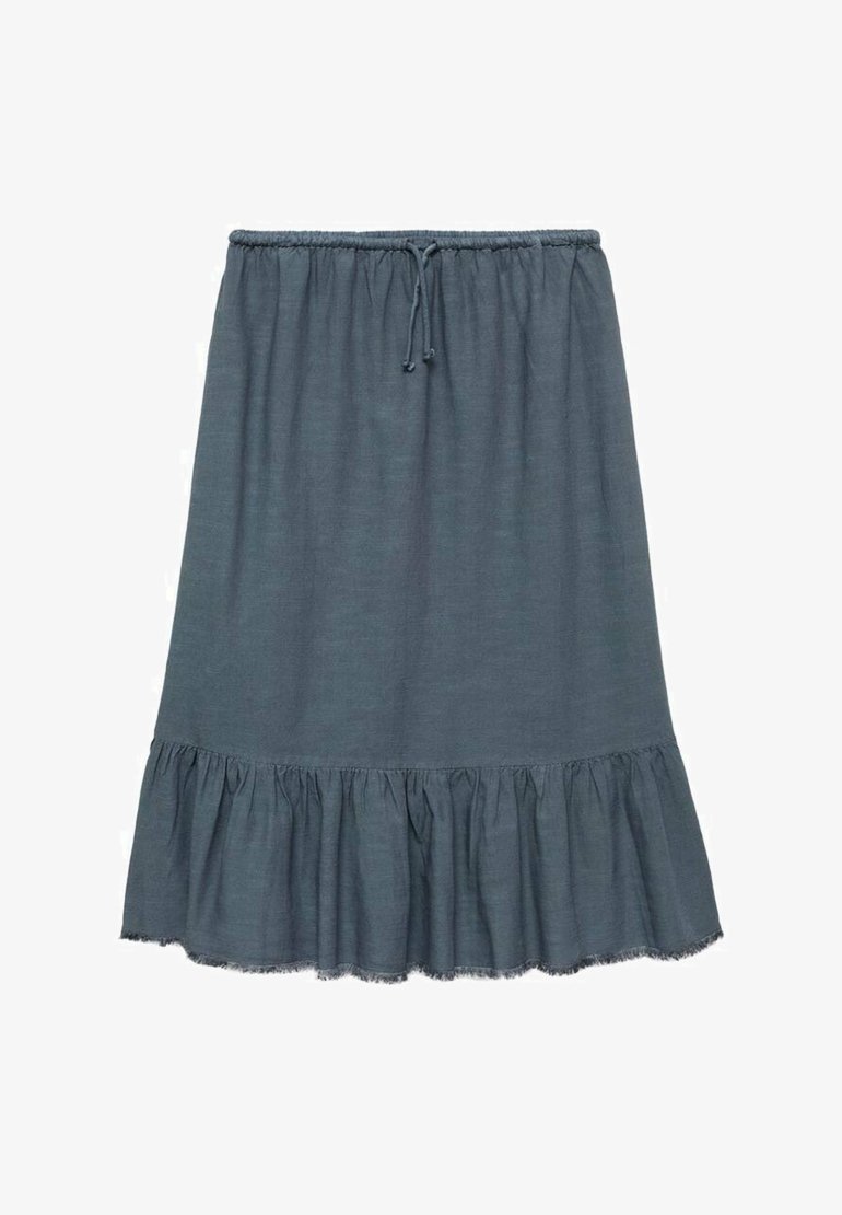 Siva lanena krila z elastiko in vrvico. Ima razkošen, naborkast rob s surovim robom. Srednje dolga zasnova.