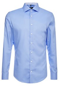 Ljusblå långärmad knapp-up skjorta gjord av slät tyg. Har en traditionell krage och vita knappar, med en randig innerkrage.