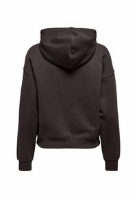 Bruine cropped hoodie met een capuchon, gemaakt van gladde stof. Kenmerkt zich door ribgebreide manchetten en onderrand, en heeft een schone, eenvoudige uitstraling.