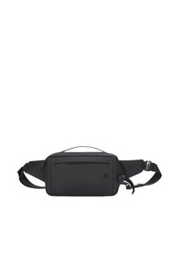 Borsa a tracolla nera con forma rettangolare, tasca frontale con zip, tracolla regolabile e un sottile dettaglio del logo sulla parte anteriore. Texture liscia.