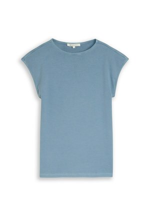 Hellblaues ärmelloses Damenoberteil mit rundem Ausschnitt und leicht verlängerten Schulternähten, dargestellt vor weißem Hintergrund.