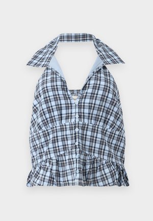 Top halter cu carouri albastre și albe, cu decolteu adânc în V, închidere cu nasturi și tiv volantat. Prezintă un guler contrastant de culoare albastră deschisă.