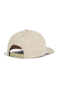 Beige baseball cap lavet af stof med en buet skygge, klemte krone, justerbar rem bagpå og ventilationshuller.