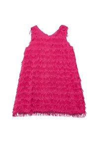 Abito senza maniche di colore rosa con un design a frange testurizzate, con strisce sovrapposte che creano un motivo a onda sulla superficie del tessuto.