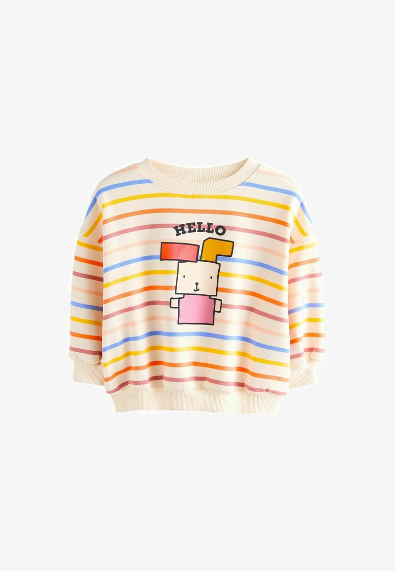 Hanorac cu dungi în crem, cu dungi multicolore, având un grafic cu un iepure de desene animate centrat, însoțit de textul "BUNĂ". Material moale și croială lejeră.