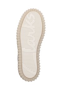 Schuhsohle mit einem strukturierten, gerippten Muster in hellbeige, das das eingeprägte Markenlogo "Clarks" zentral hervorhebt.