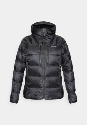 Veste doudoune noire isolée avec capuche, fermeture éclair à l'avant, deux poches poitrine verticales avec fermetures éclair et poches latérales zippées, logo Patagonia visible.