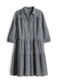 Gestreepte button-up jurk in grijs en wit, met een gelaagd ontwerp, lange mouwen en een kraag. Gemaakt van een lichte stof.