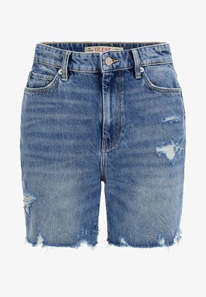 Jeansshorts in Hellblau mit ausgefransten Säumen und used Look. Mit Knopfverschluss und Fünf-Taschen-Design. Markenlabel sichtbar.