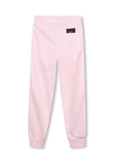 Lichtroze sweatpants met een geribbelde tailleband en elastische boorden, voorzien van een achterzak en een klein merklabel. Zachte, gladde stof.