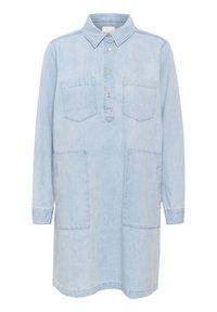 Svetlo modra denim obleka z ovratnikom, gumbnico, dvema žepoma na prsih in dvema stranskima žepoma. Dolgi rokavi s manšetami.