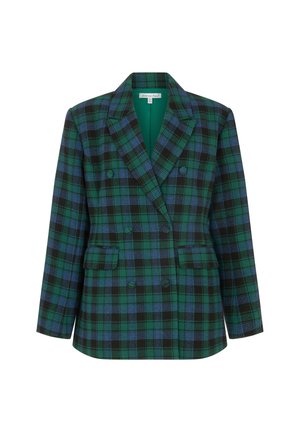 Double-breasted blazer in green, black, and blue plaid pattern. Features notch lapels, two front pockets, and a smooth inner lining.