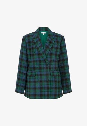 Double-breasted blazer in green, black, and blue plaid pattern. Features notch lapels, two front pockets, and a smooth inner lining.
