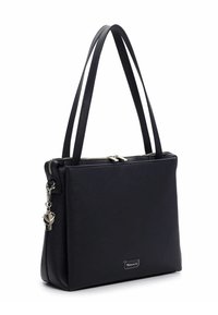 Borsa sintetica nera con forma rettangolare strutturata, doppi manici a spalla e chiusura con cerniera. Presenta un piccolo charm a forma di chiave argentata.