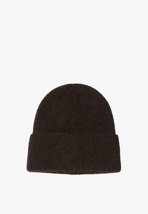 Brączowy, dziany czapka beanie o miękkim, teksturowanym wykończeniu i złożonym mankietem, idealna na chłodne dni.