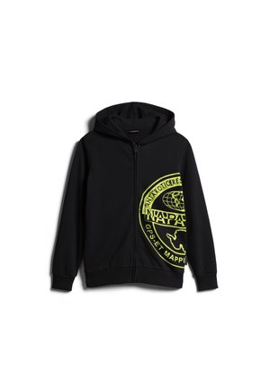 Schwarze Zip-Hoodie aus weichem Material, mit einem großen leuchtend gelben runden Logo und Text auf der linken Seite sowie einer Kapuze.