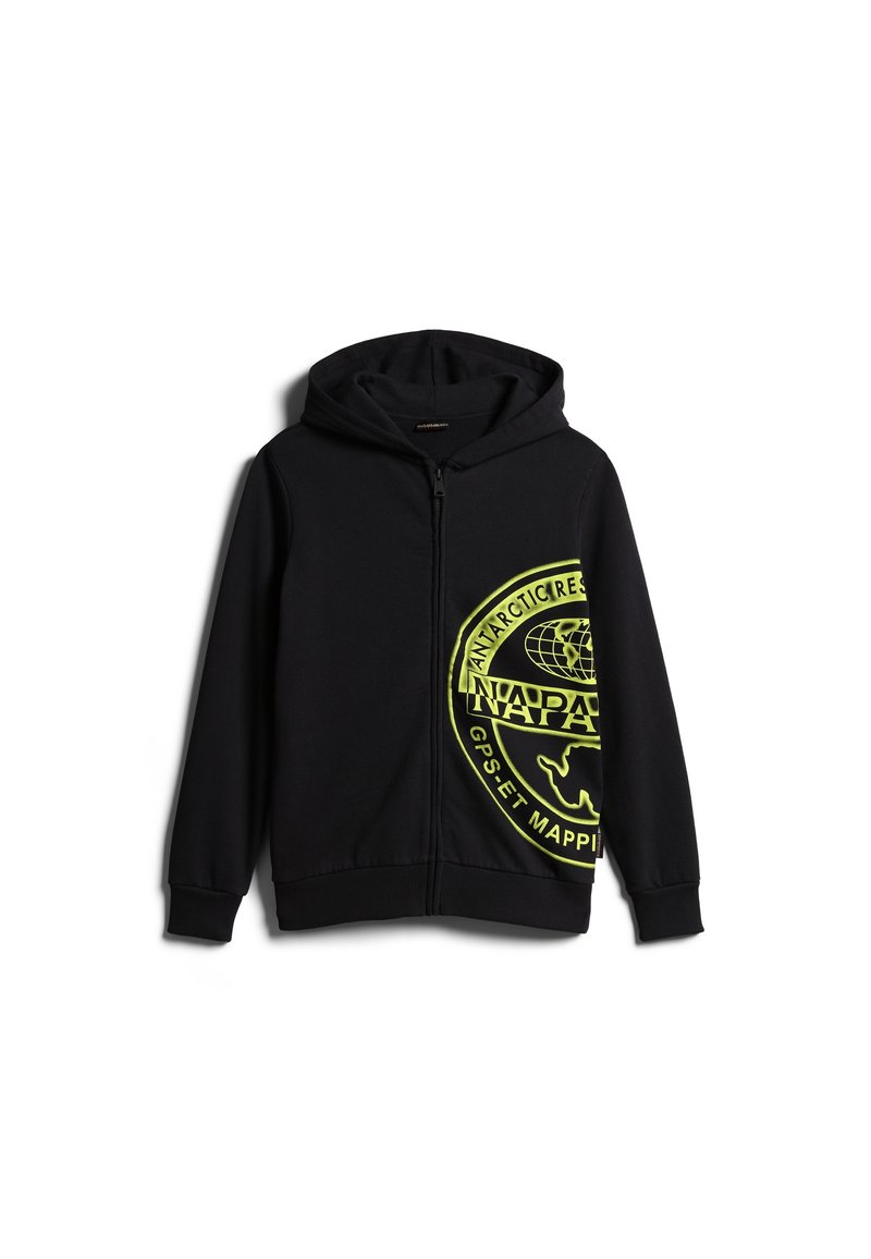 Zwarte rits-hoodie van zacht materiaal, met een groot felgeel cirkelvormig logo met tekst aan de linkerkant en een capuchon.