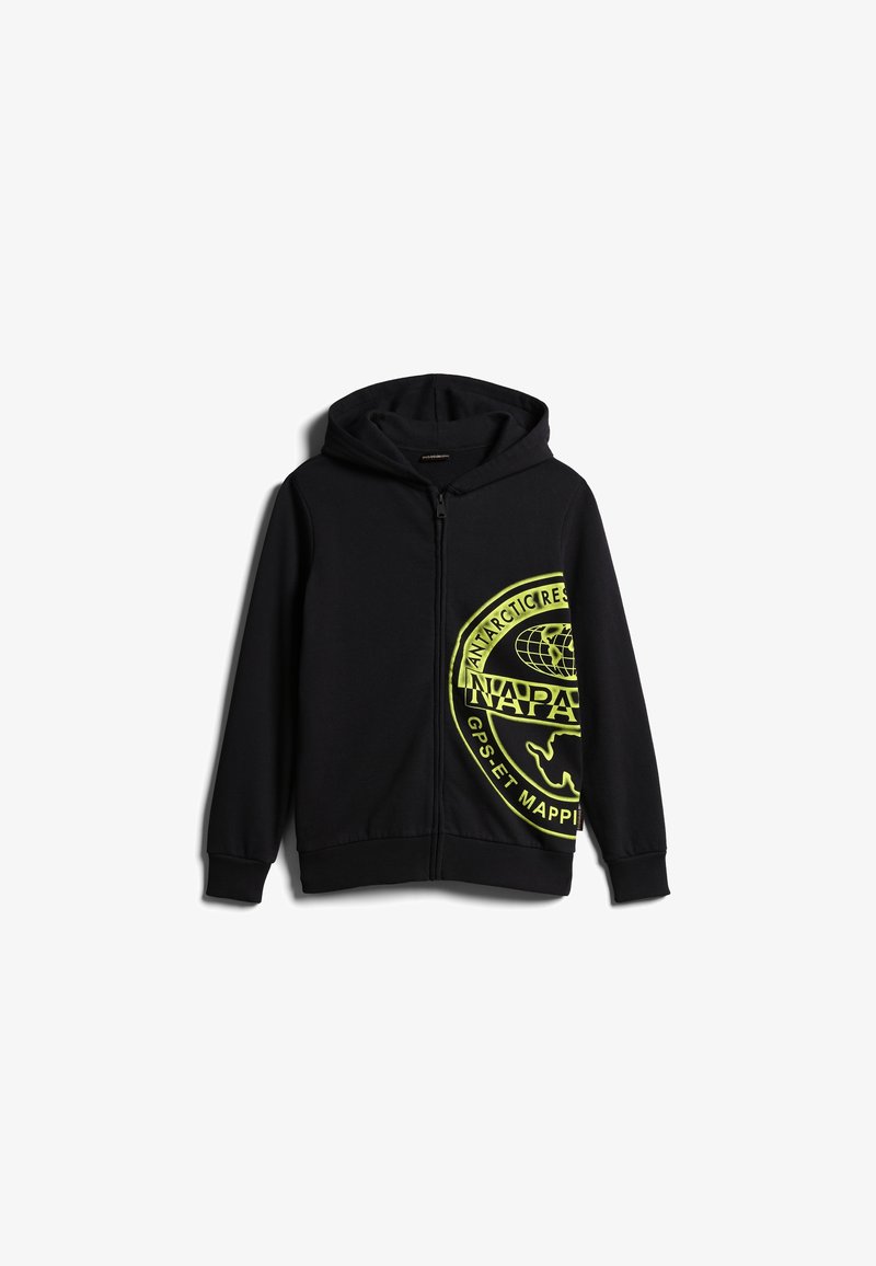 Zwarte rits-hoodie van zacht materiaal, met een groot felgeel cirkelvormig logo met tekst aan de linkerkant en een capuchon.