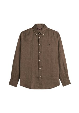 Camicia marrone a maniche lunghe con bottoni, colletto, bottoni bianchi sul davanti e piccolo logo ricamato scuro sul petto sinistro.
