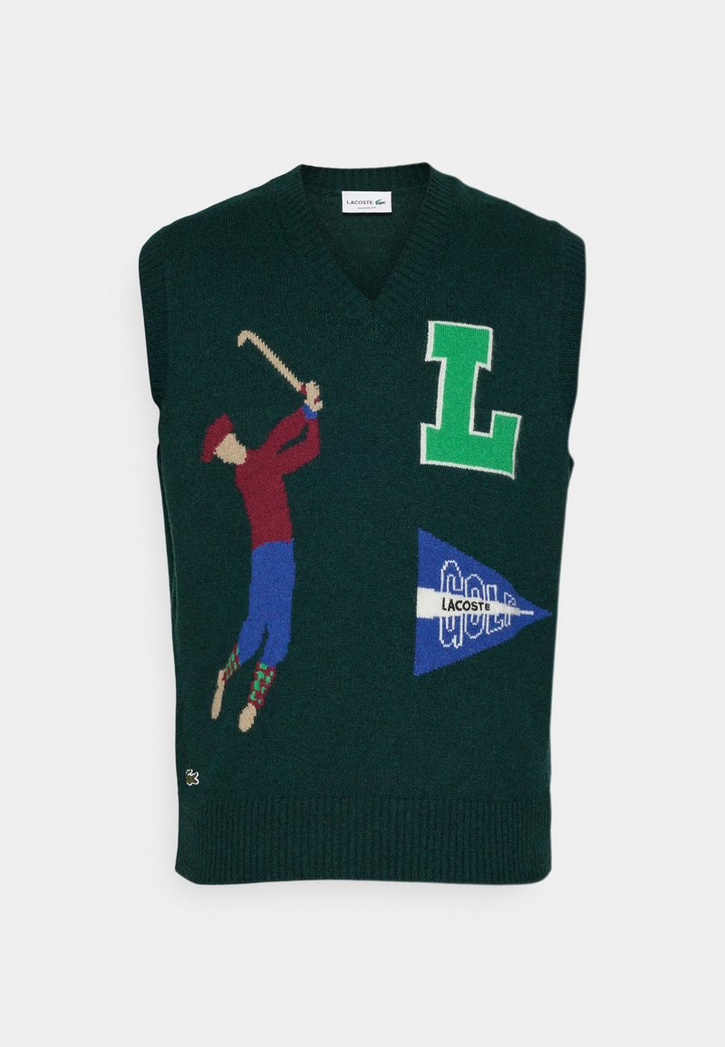 Maglione senza maniche verde a maglia con grafica di un golfista, una grande "L" e un logo a pennone blu Lacoste. Design a V e orlo a coste.