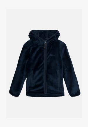 Casaco de fleece azul marinho com capuz, fecho éclair completo, dois bolsos laterais e tecido suave e texturizado. Apresenta um logótipo da marca no peito.