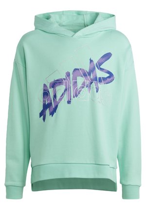 Sweat à capuche vert sarcelle clair avec manches longues et un grand logo Adidas violet et blanc sur le devant.