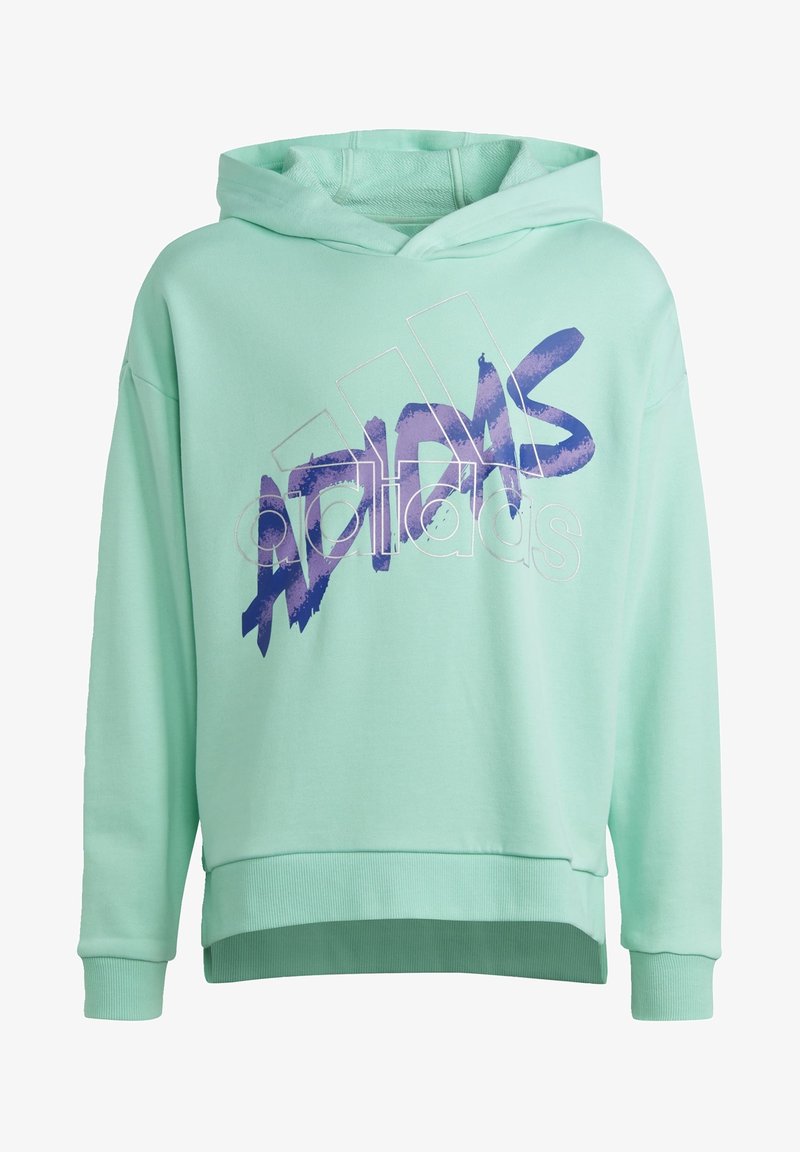 Jasnozielona bluza z kapturem, z długimi rękawami i dużym fioletowo-białym logo Adidas na przodzie.