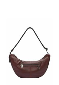 Bordowa skórzana torba na ramię o zakrzywionym kształcie z czarnym paskiem. Posiada przednią kieszeń na zamek oraz gładką fakturę.