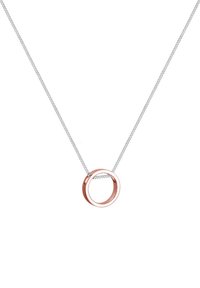 Roze goud en zilveren ketting met een in elkaar grijpende cirkelvormige hanger. De ketting is fijn en van metaal, met een delicate textuur.